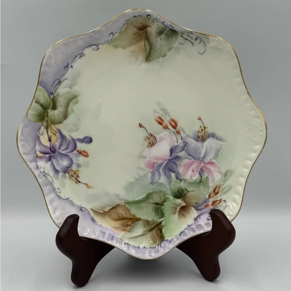 Vintage Bavarian Hand Painted Porcelain Plate Scalloped Edge with Gold Trim